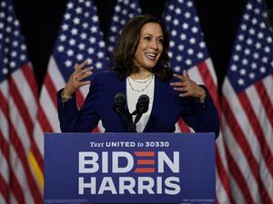 Democratic vice presidential running mate, US Senator Kamala Harris, speaks during the first press conference with Joe Biden in Wilmington, Delaware, on August 12, 2020. Olivier DOULIERY / AFP