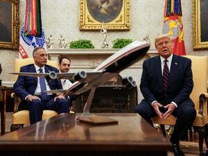  U.S. President Donald Trump (R) hosts Iraqi Prime Minister Mustafa Al-Kadhimi in the Oval Office at the White House August 20, 2020 in Washington, DC. POOL / GETTY IMAGES NORTH AMERICA / Getty Images via AFP