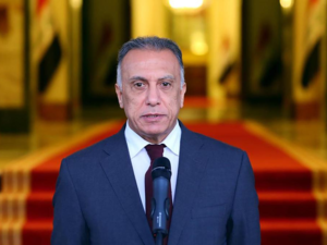 Iraqi Prime Minister Mustafa al-Kadhimi is delivering a speech following the ministerial meeting of the new Iraqi cabinet in Baghdad, Iraq, May 9, 2020. /AFP