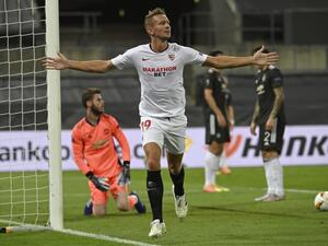 Luuk De Jong celebrates scoring during the UEFA Europa League semi-final football match Sevilla v Man Utd on in Cologne, Germany. Photo: AFP