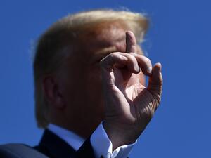 US President Donald Trump gestures as he speaks outside Mariotti Building Products in Old Forge, Pennsylvania, on August 20, 2020. Brendan Smialowski / AFP