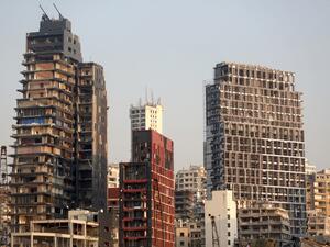 Heavily damaged buildings in the Beirut neighbourhood of Mar Mikhail overlooking the city's port are pictured on August 31, 2020 following the August 4 massive chemical explosion at the port which that caused severe damage across swathes of the Lebanese capital. PATRICK BAZ / AFP