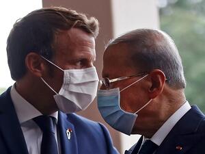 French President Emmanuel Macron (L) meets with Lebanese President Michel Aoun at the Presidential palace in Baabda, east of the Lebanese capital Beirut, on September 1, 2020. GONZALO FUENTES / POOL / AFP