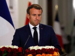 French President Emmanuel Macron speaks during a joint press conference with his Iraqi counterpart at Baghdad's al-Salam Palace on September 2, 2020. Macron landed in Baghdad today on his first official visit to Iraq, where he hopes to help the country reassert its "sovereignty" despite simmering US-Iran tensions. GONZALO FUENTES / POOL / AFP