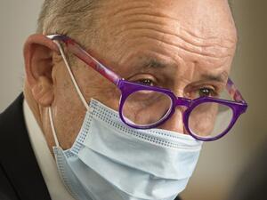 French Minister of Europe and Foreign Affairs Jean-Yves Le Drian, wearing a face mask, attends a meeting with his Slovenian counterpart in Ljubljana on September 3, 2020. Jure Makovec / AFP