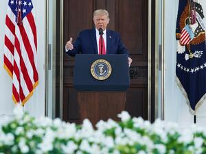 US President Donald Trump speaks during a labor day press conference in the North Portico of the White House in Washington, DC on September 7, 2020. MANDEL NGAN / AFP