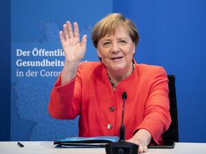 German Chancellor Angela Merkel attends a virtual meeting with representatives of German public health departments at the Chancellery in Berlin, Germany, on September 8, 2020. Michael Sohn / POOL / AFP