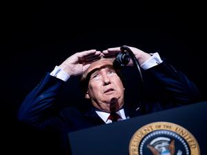 US President Donald Trump looks at the crowd during a campaign rally at the Minden-Tahoe airport in Minden (50miles/80km south of Reno), Nevada on September 12, 2020. Brendan Smialowski / AFP