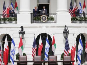 Foreign Affairs Minister of the United Arab Emirates Abdullah bin Zayed bin Sultan Al Nahyan speaks as Prime Minister of Israel Benjamin Netanyahu (L), U.S. President Donald Trump (2-L), and Foreign Affairs Minister of Bahrain Abdullatif bin Rashid Al Zayani (R) look on during the signing ceremony of the Abraham Accords on the South Lawn of the White House September 15, 2020 in Washington, DC. Witnessed by President Trump, Prime Minister Netanyahu signed a peace deal with the UAE and a declaration of intent