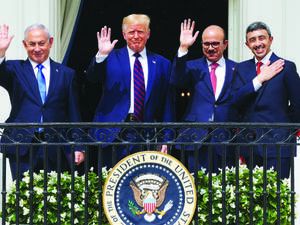 President Donald Trump hosted Israeli Prime Minister Benjamin Netanyahu, far left, and the foreign ministers of Bahrain and the UAE, Abdullatif bin Rashid Al-Zayani and Abdullah bin Zayed Al-Nahyan, at the White House for the signing ceremony on Tuesday. (AFP)