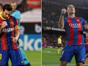 ميسي (يسار) يحتفل بهدفه على طريقة سواريز