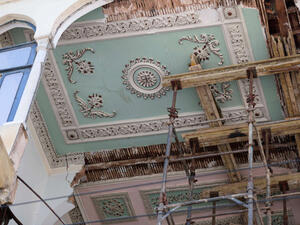 Scaffolding supporting the fractured ceiling of a traditional Lebanese house in Beirut, in the aftermath of the monster explosion at the port of Lebanon’s capital. (AFP)