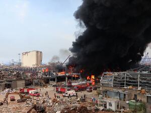 Lebanese firefighters put out a fire that broke out at Beirut's port area, on September 10, 2020. Sweeping forest fires, a monster explosion that killed friends, then bizarre Beirut blazes: Lebanon's rescuers are still reeling from a devastating year, but are determined to press on. ANWAR AMRO / AFP