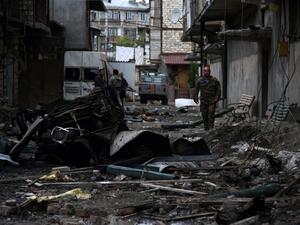 A view shows aftermath of recent shelling during the ongoing fighting between Armenia and Azerbaijan over the breakaway Nagorno-Karabakh region, in the disputed region's main city of Stepanakert on October 4, 2020. Davit Ghahramanyan / NKR Infocenter / AFP