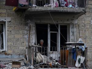 A view shows aftermath of recent shelling during the ongoing fighting between Armenia and Azerbaijan over the breakaway Nagorno-Karabakh region, in the disputed region's main city of Stepanakert on October 4, 2020. Davit Ghahramanyan / NKR Infocenter / AFP