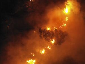 An aerial picture shows flames engulfing trees as a forest fire rages in Lebanon's Ras El Metn area, on October 10, 2020. AFP