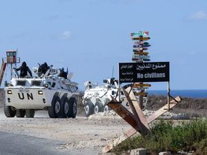 United Nations peacekeeping force (UNIFIL) vehicles patrol the Lebanese southern coastal area of Naqura by the border with Israel, on October 11, 2020. (AFP)