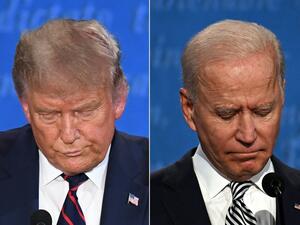 In this file photo taken on September 29, 2020 (FILES) (COMBO) This combination of file pictures shows US President Donald Trump (L) and Democratic Presidential candidate and former US Vice President Joe Biden during the first presidential debate at Case Western Reserve University and Cleveland Clinic in Cleveland, Ohio, on September 29, 2020. The majority of young people in America don't vote. This year, however, in a crucial election between two septuagenarians, experts anticipate that a record number wil