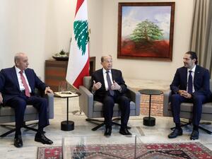Lebanon's Parliament Speaker Nabih Berri (L) President Michel Aoun (C) and former prime minister Saad Hariri meet at the presidential palace in Baabda, east of the capital Beirut, after Aoun named Hariri to form a new cabinet, on October 22, 2020. ANWAR AMRO / POOL / AFP