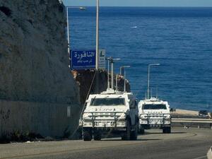 UN peacekeeping force (UNIFIL) vehicles patrol the area of Naqura, south of the Lebanese city of Tyre on the border with Israel on 2 October, 2020 (AFP)