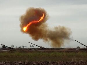 An Azerbaijani artillery strike towards the positions of Armenian separatists in the breakaway region of Nagorno-Karabakh (Twitter)