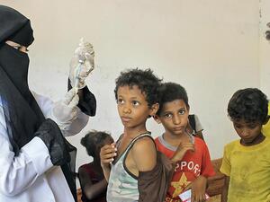 A Yemeni child receives an anti-diphtheria vaccine in a health centre in the northern district of Abs, Hajjah province. AFP