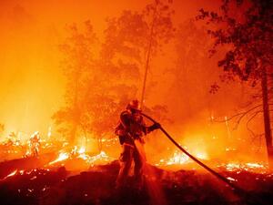 A firefighter douses flames as they push towards homes during the Creek fire in the Cascadel Woods area of unincorporated Madera County, California on September 7, 2020. (AFP/File Photo)