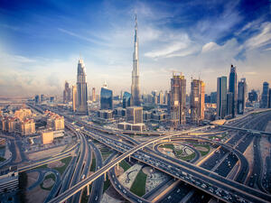 Dubai skyline with beautiful city close to it's busiest highway on traffic  (Shutterstock)	
