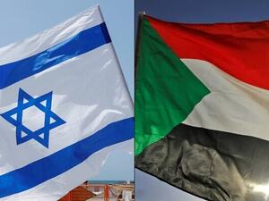 This combination of pictures created on October 23, 2020, shows an Israeli flag during a rally in the coastal city of Tel Aviv on September 19, 2020; and a Sudanese flag during a gathering east of the capital Khartoum on June 3, 2020. (JACK GUEZ and ASHRAF SHAZLY / AFP)
