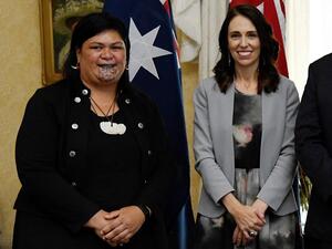 This file photo taken on February 28, 2020 shows New Zealand's Prime Minister Jacinda Ardern (R) and New Zealand's then-Minister of Maori Development and Local Government (L) Nanaia Mahuta posing for photographs after the signing of the Indigenous Collaboration Arrangement with their Australian counterparts at Admiralty House in Sydney. BIANCA DE MARCHI / POOL / AFP