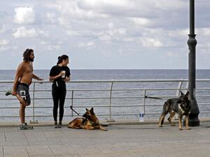 A couple rest during their training with their dogs by the Mediterranean seaside promenade in Lebanon's capital Beirut on November 2, 2020. JOSEPH EID / AFP