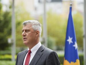 Kosovo President Hashim Thaci speaks during a press conference in Pristina after he resigned to face a war crimes court in The Hague, which confirmed an indictment against him dating back to Kosovo's 1990s conflict with Serbia, on November 5, 2020. Armend NIMANI / AFP