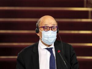 France's Minister of Europe and Foreign Affairs Jean-Yves Le Drian and the Egyptian foreign minister, mask-clad due to the COVID-19 coronavirus pandemic, give a joint press conference after their meeting at Tahrir Palace in the centre of the capital Cairo on November 8, 2020. Khaled DESOUKI / AFP
