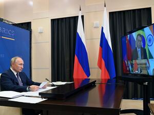 Russian President Vladimir Putin attends the XII BRICS Summit via videoconference at Novo-Ogaryovo state residence, outside Moscow, on November 17, 2020. Alexey NIKOLSKY / SPUTNIK / AFP