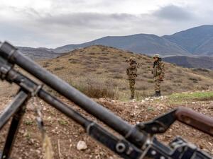 Armenian soldiers patrol at the check point nearby a demarcation line outside Askeran on November 21, 2020, as Armenia and Azerbaijan agreed a Russian-brokered ceasefire on November 9 ending six weeks of fighting in the self-proclaimed republic. AFP