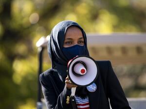 Congressional candidate Rep. Ilhan Omar (D-MN) speaks during a get out the vote event on the University of Minnesota campus on November 3, 2020 in Minneapolis, Minnesota. After a record-breaking early voting turnout, Americans head to the polls on the last day to cast their vote for incumbent U.S. President Donald Trump or Democratic nominee Joe Biden in the 2020 presidential election. Stephen Maturen/Getty Images/AFP Stephen Maturen / GETTY IMAGES NORTH AMERICA / Getty Images via AFP