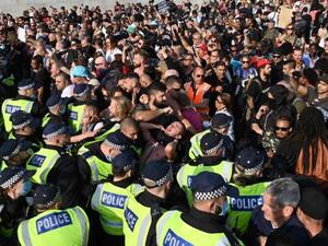 Demonstrators at an anti-vaccination, anti-lockdown rally at Trafalgar Square, central London, England. Photograph: Daniel Leal-Olivas/AFP via Getty Images