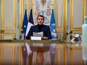 French President Emmanuel Macron gives the opening speech of a video international donor conference for Lebanon at the Elysee presidential Palace in Paris on December 2, 2020. Ian LANGSDON / POOL / AFP