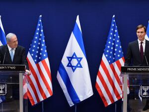 In this file photo taken on August 30, 2020 Israeli Prime Minister Benjamin Netanyahu (L) and US Presidential Adviser Jared Kushner make joint statements to the press after their meeting in Jerusalem, about the Israel - United Arab Emirates agreement to normalise relations. The United Arab Emirates is getting top-of-the-line fighter jets. DEBBIE HILL / POOL / AFP