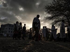 Ethiopian Orthodox worshippers walk towards the Eyesus Church in the city of Alamata, Ethiopia, on December 12, 2020. EDUARDO SOTERAS / AFP