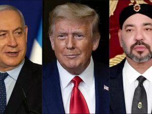 This combination of file pictures created on December 10, 2020 shows Israeli Prime Minister Benjamin Netanyahu (L), US President Donald Trump (C), and Morocco's King Mohammed VI Maya Alleruzzo, TASOS KATOPODIS, Handout POOL/AFP/File