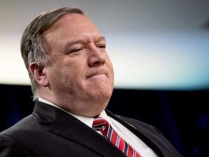 US Secretary of State Mike Pompeo at a news conference at the State Department in Washington, DC, on April 29, 2020. (Andrew Harnik/POOL/AFP)