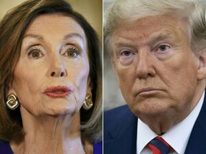 This file combination of pictures created on September 24, 2019 shows US Speaker of the House Nancy Pelosi, Democrat of California, on September 24, 2019 and former US President Donald Trump in Washington, DC, September 20, 2019. Republican lawmakers demonstrated on January 24, 2021 that Democrats will have a fight on their hands to convict Donald Trump when the Senate next month opens its first-ever impeachment trial of a former president. Speaker Nancy Pelosi is expected on Monday to send senators a singl