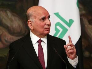 This handout photograph taken and released on November 25, 2020 that shows Iraqi Foreign Minister Fuad Hussein attending a press conference. (File/AFP)