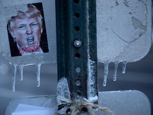 A sticker with former US President Donald Trump image on it is seen on Capitol Hill February 1, 2021, in Washington, DC. Brendan Smialowski / AFP