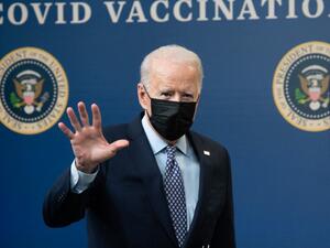US President Joe Biden leaves after speaking about the 50 million doses of the Covid-19 vaccineshot administered in the US during an event commemorating the milestone in the Eisenhower Executive Office Building in Washington, DC, February 25, 2021. SAUL LOEB / AFP