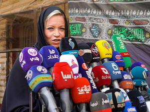 Jeanine Hennis-Plasschaert, head of the United Nations Iraq mission (UNAMI), speaks to the press following a meeting with Grand Ayatollah Ali Sistani on September 13, 2020. (AFP)