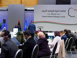 Delegates at the opening of the Libyan Political Dialogue Forum on February 1, 2021 near Geneva choose a new temporary executive to lead the country through a transition until scheduled December elections. (AFP)