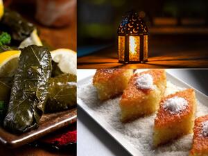 أطباق رمضانية: محشي ورق العنب باللحمة المفرومة والأرز و بسبوسة بجوز الهند