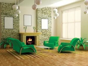 يشيع كل من ورق الجدران، والأقمشة باللون الأخضر الليموني، والأزرق يشيع كل من ورق الجدران، والأقمشة باللون الأخضر الليموني، والأزرق